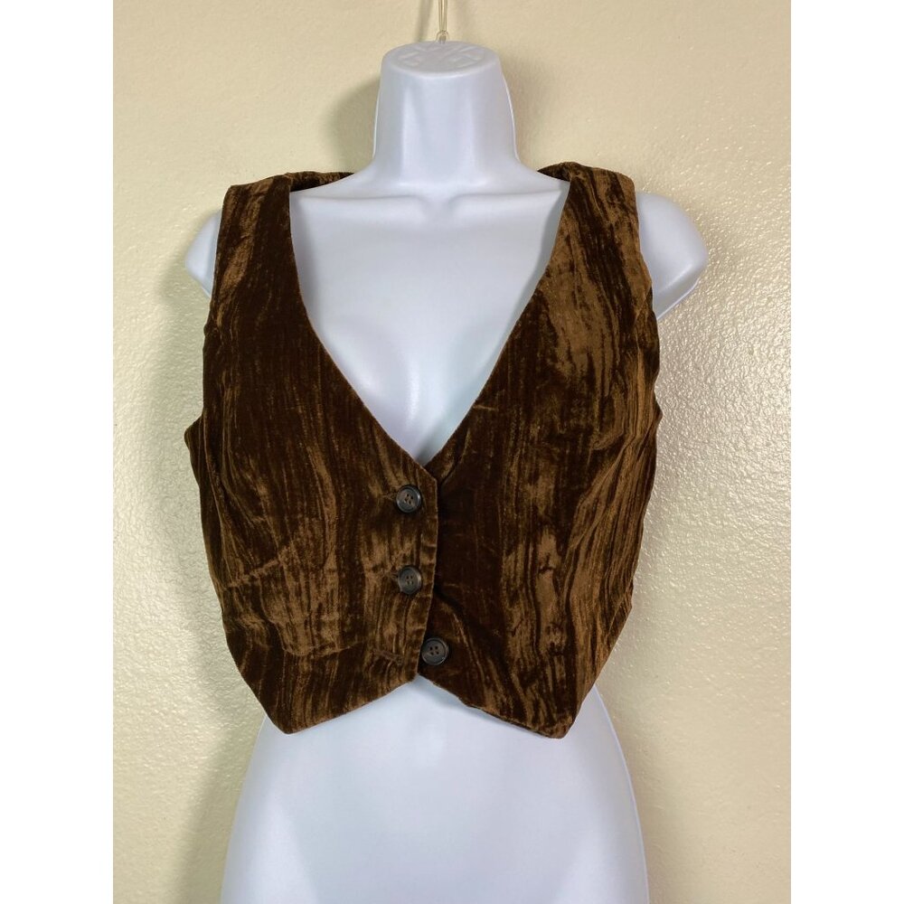 Womens Brown Velvet Cropped Vest Size 4 Button Front Shein Preppy Grunge Retro